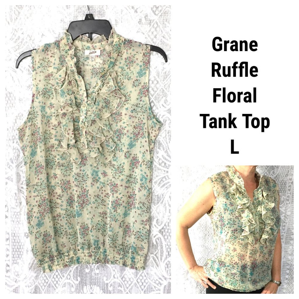 Grane Floral Tank Top L Purple Aqua Blue Creme Tan Semi Sheer Stretch Ruffle